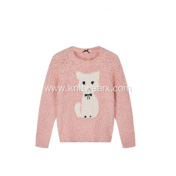 Girl's Knitted Puppy Jacquard Knot Feather Yarn Pullover